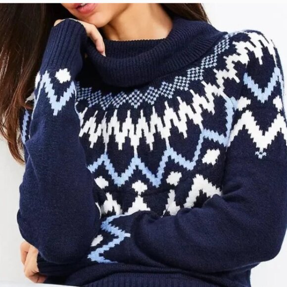 LOFT Navy and White Fair Isle Tunic Turtleneck Sweater Size Small - Picture 2 of 8